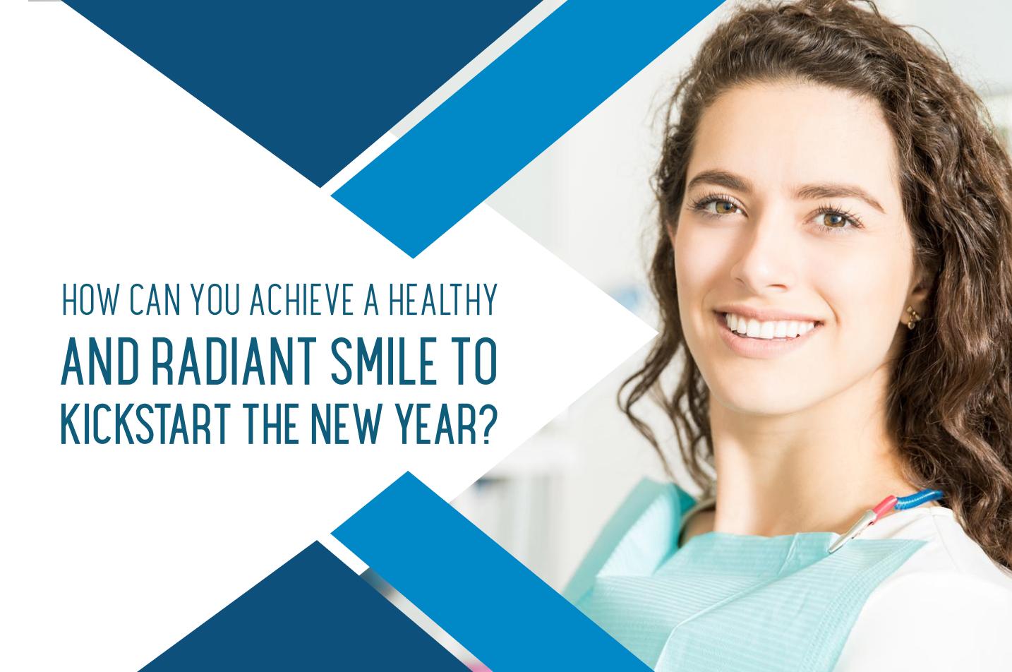 A woman wearing a medical gown and smiling, with accompanying text that appears to be an advertisement or advice on achieving a healthy and radiant smile to start the new year.